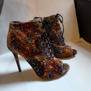 Tabitha Simmons Multicolor Floral Lace up Peep Toe High Heel Booties Size 41 New